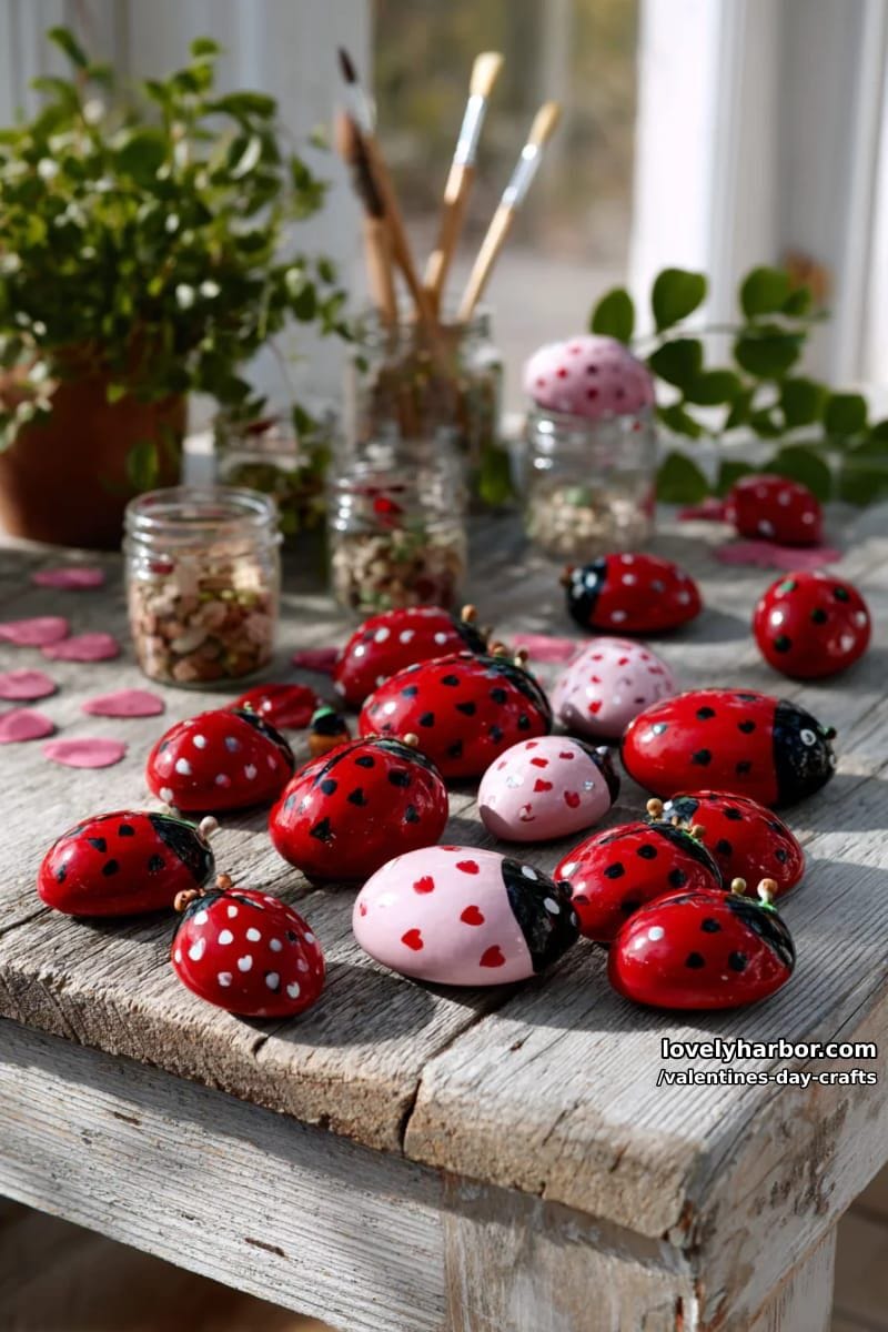 21 Unique Valentine’s Day Crafts to Warm Your Heart 38 painted pebble ladybugs with tiny heart spots for valentine’s “pet rocks” 1