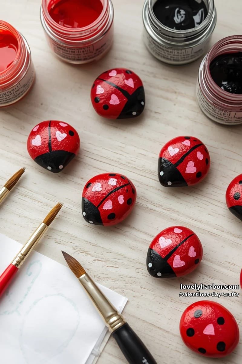 21 Unique Valentine’s Day Crafts to Warm Your Heart 39 painted pebble ladybugs with tiny heart spots for valentine’s “pet rocks” 1