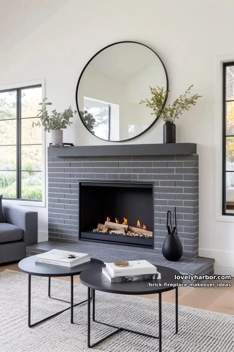 pair painted gray brick with sleek black fireplace insert for modern elegance. 1