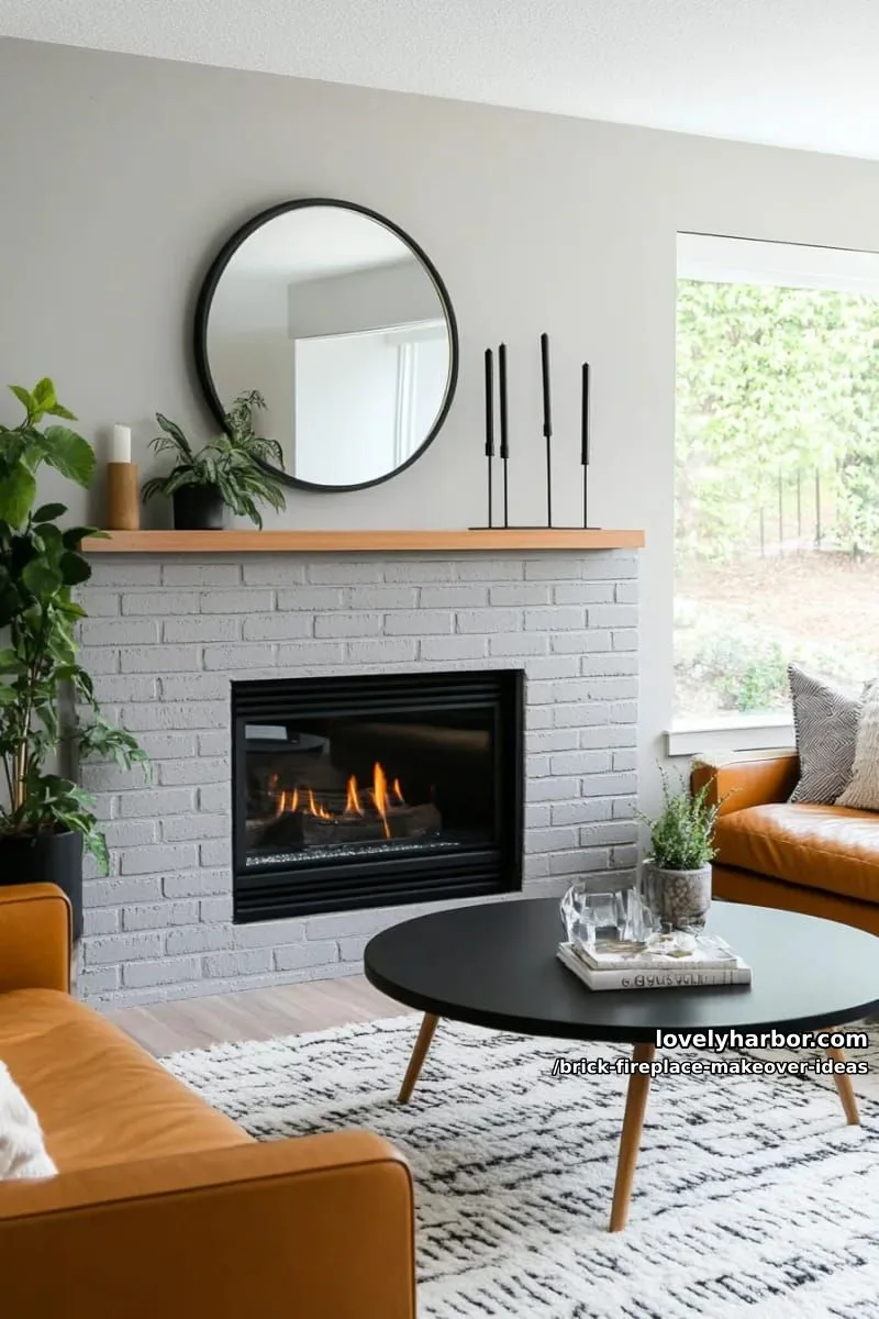 pair painted gray brick with sleek black fireplace insert for modern elegance. 1