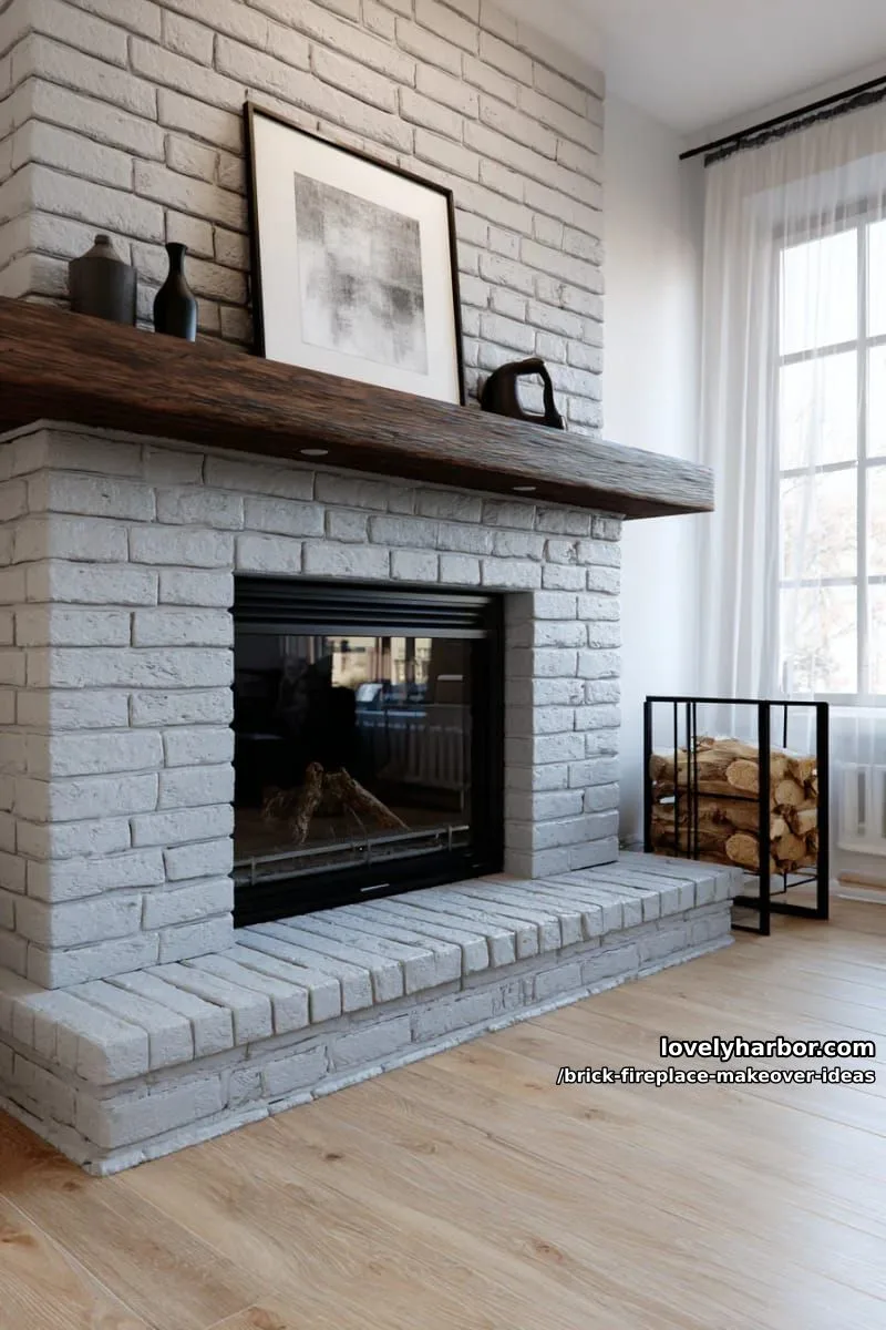 pair painted gray brick with sleek black fireplace insert for modern elegance. 1