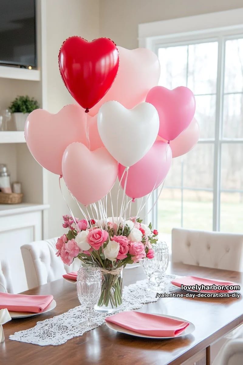 paper heart balloon bouquet centerpiece in pastel and red tones 1