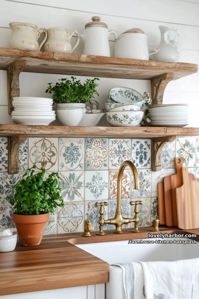 patchwork encaustic tiles in soft blues and grays for farmhouse charm 1