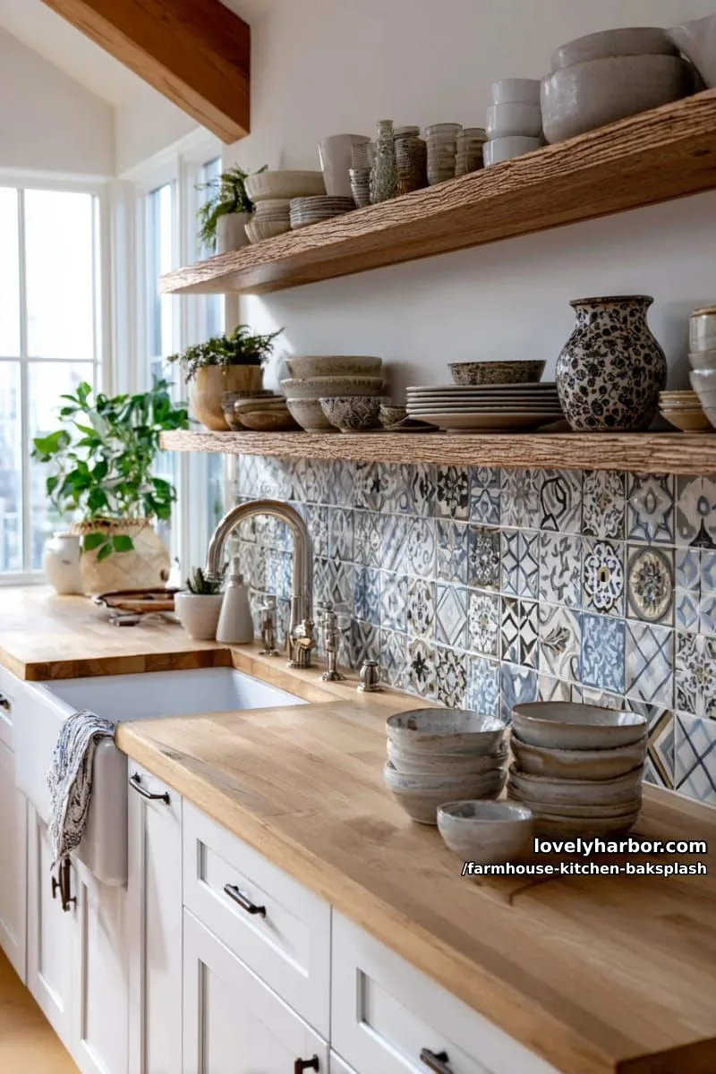 patchwork encaustic tiles in soft blues and grays for farmhouse charm 1