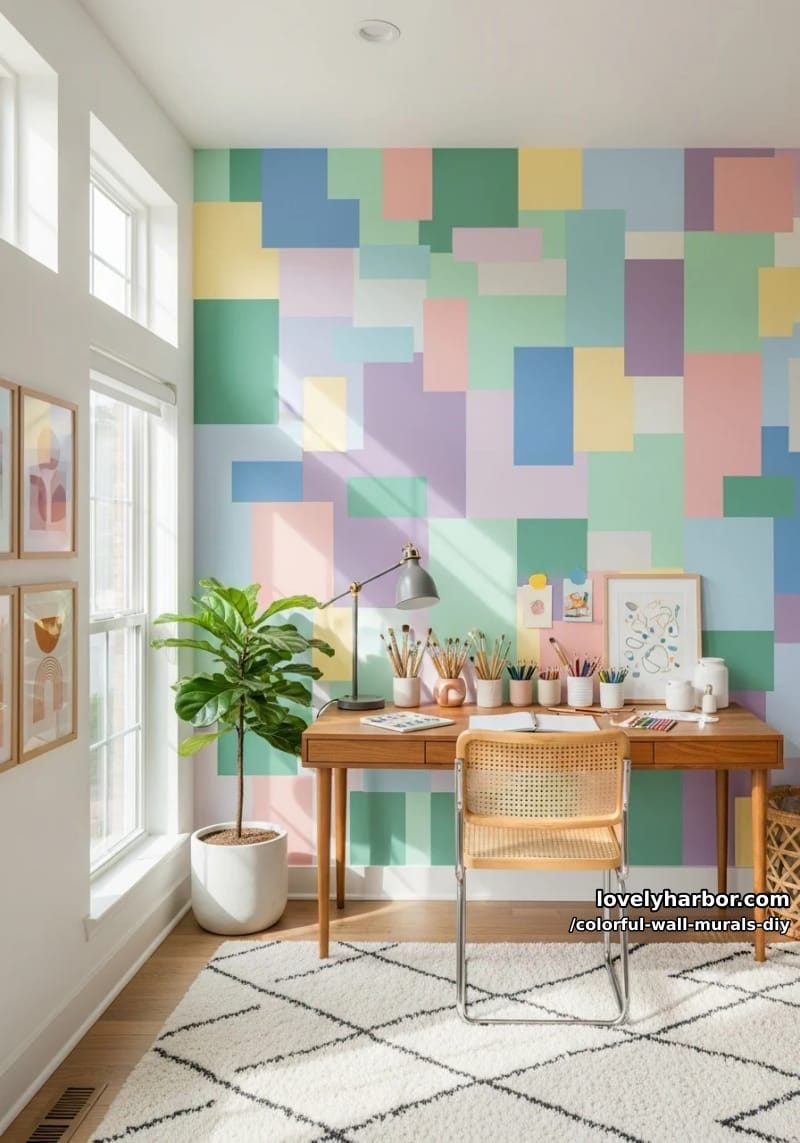 patchwork mural with mismatched pastel squares and rectangles 1