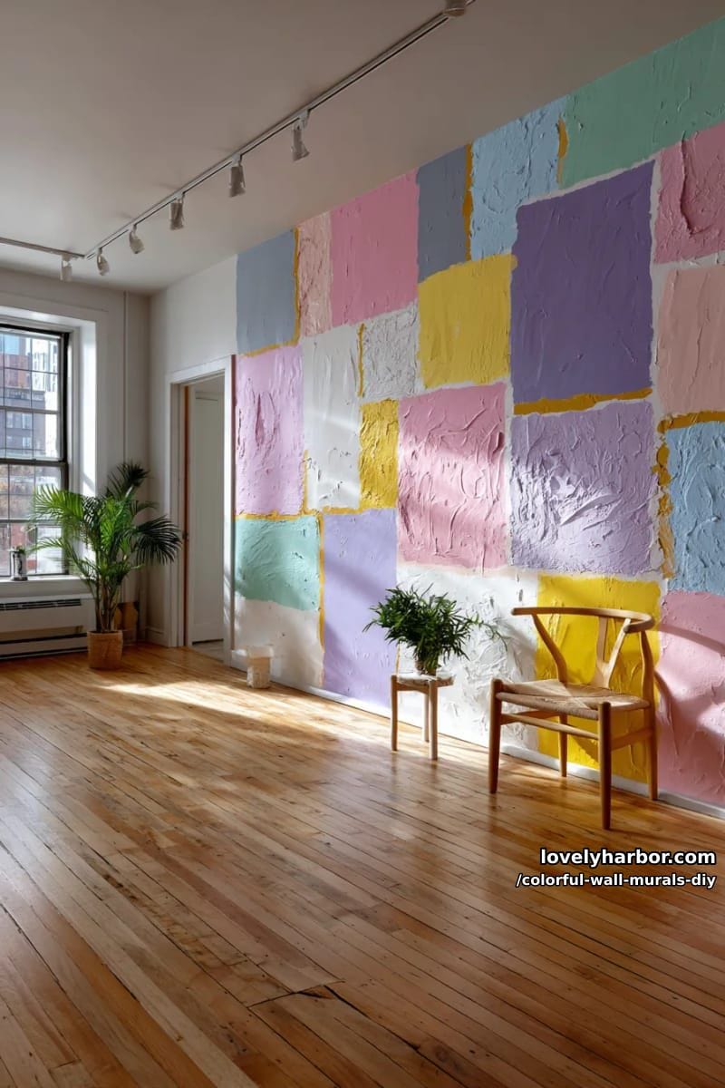patchwork mural with mismatched pastel squares and rectangles 1