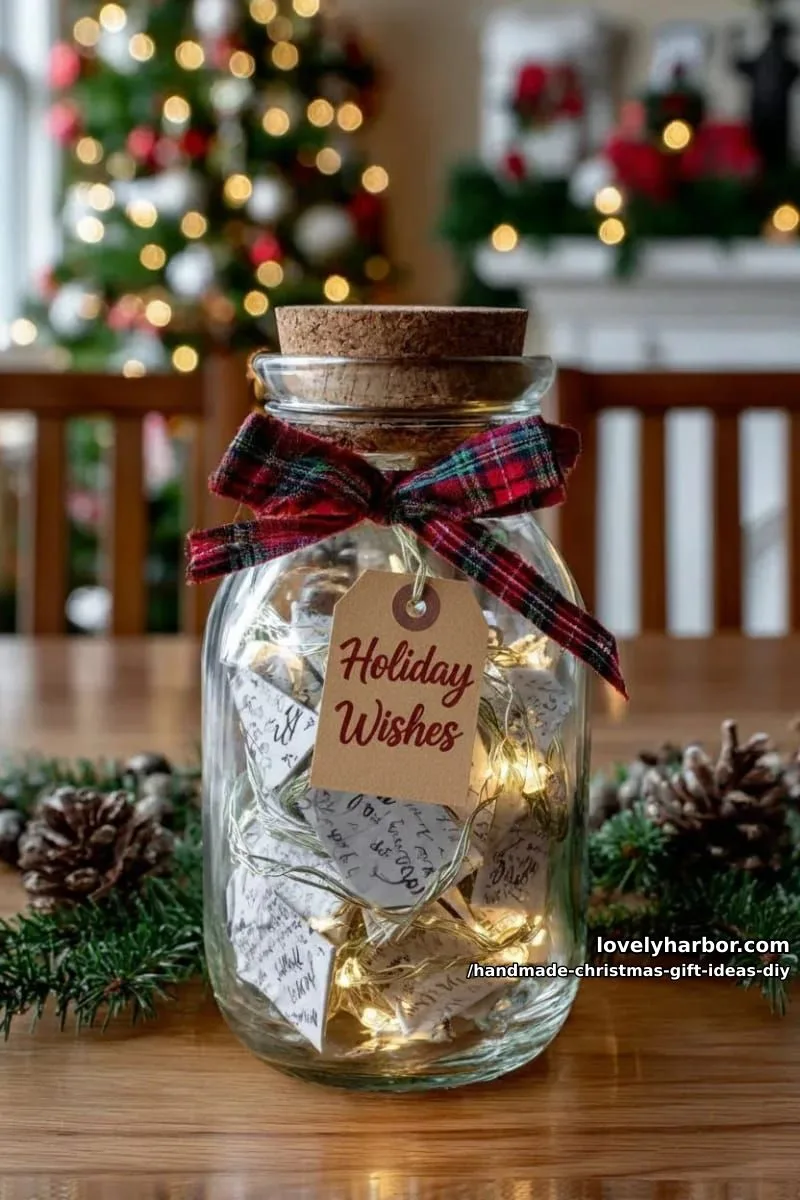 11 Unique DIY Christmas Gifts to Make This Year 8 personalized memory jar filled with handwritten holiday wishes and fairy lights 1