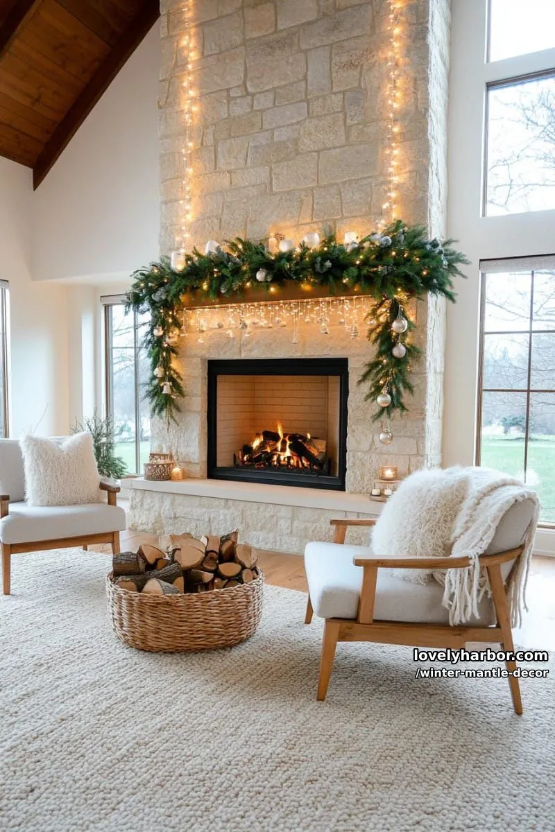 15 Stylish Winter Mantel Looks to Elevate Your Home 10 pine garland woven with eucalyptus sprigs, soft led lights, and rustic bells. 1