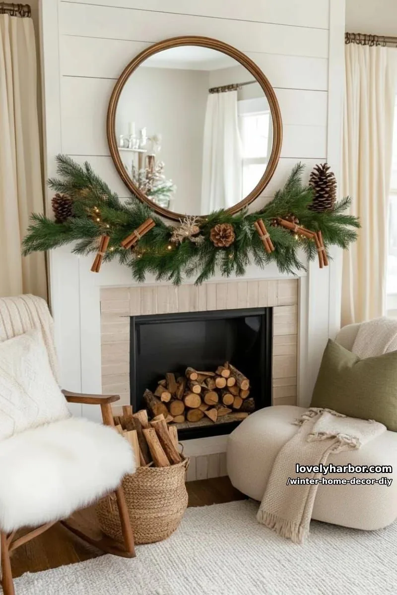 pinecone and cinnamon stick garland for a rustic winter fireplace mantle 1