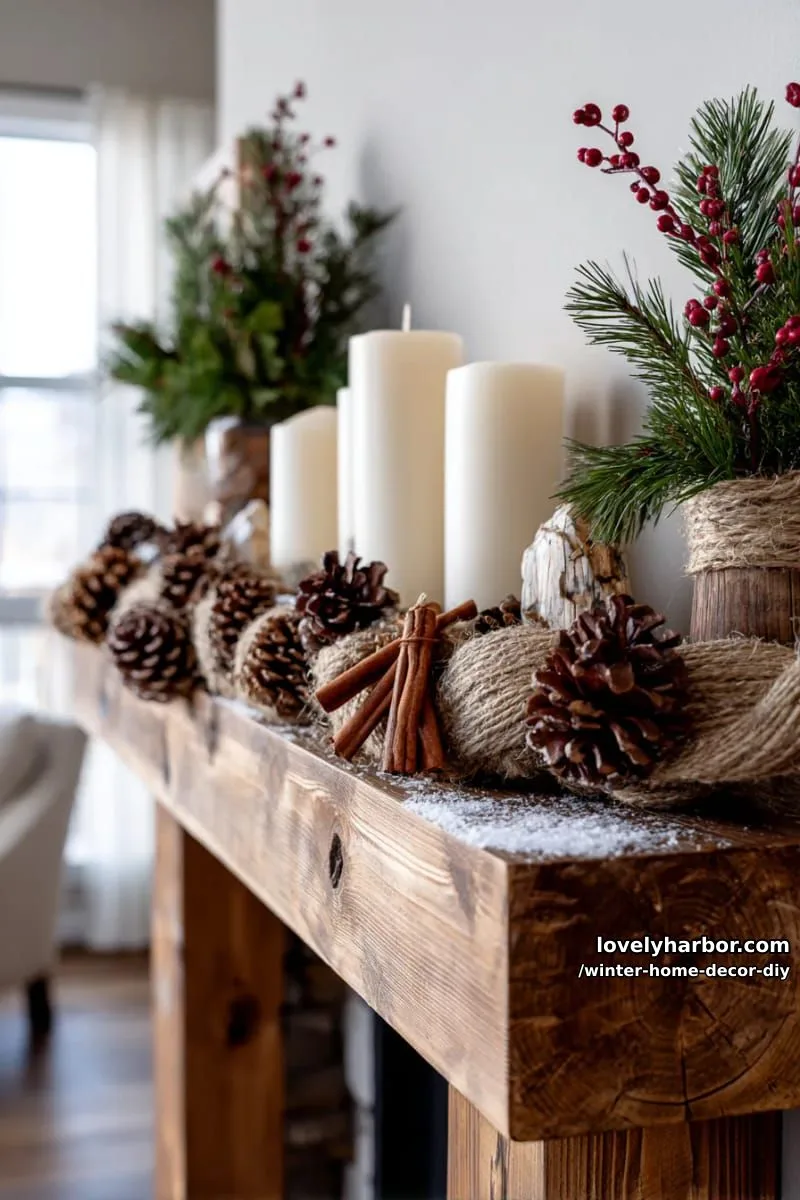 pinecone and cinnamon stick garland for a rustic winter fireplace mantle 1