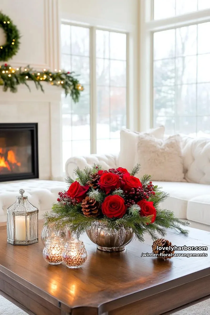 pinecones and red roses nestled with winterberry stems for festive contrast 1