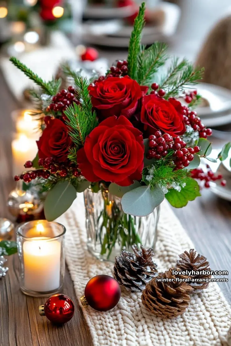 pinecones and red roses nestled with winterberry stems for festive contrast 1