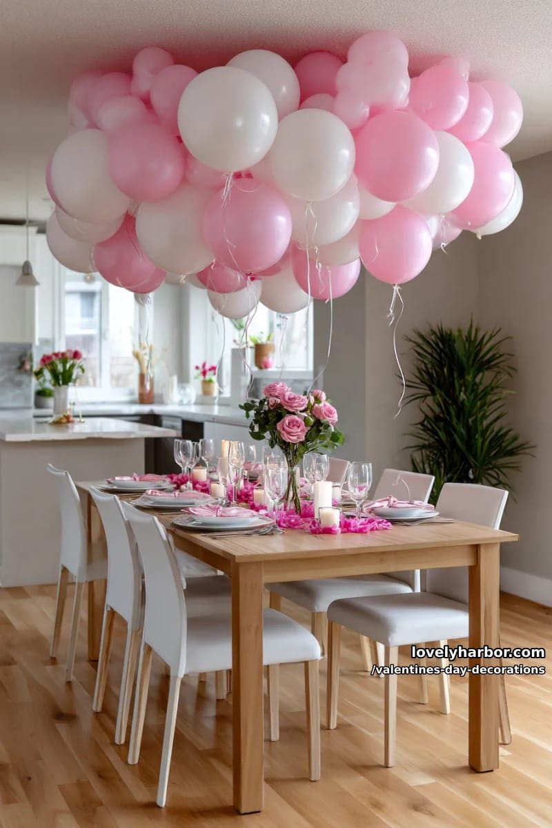 pink and white balloon cloud over dining table 1