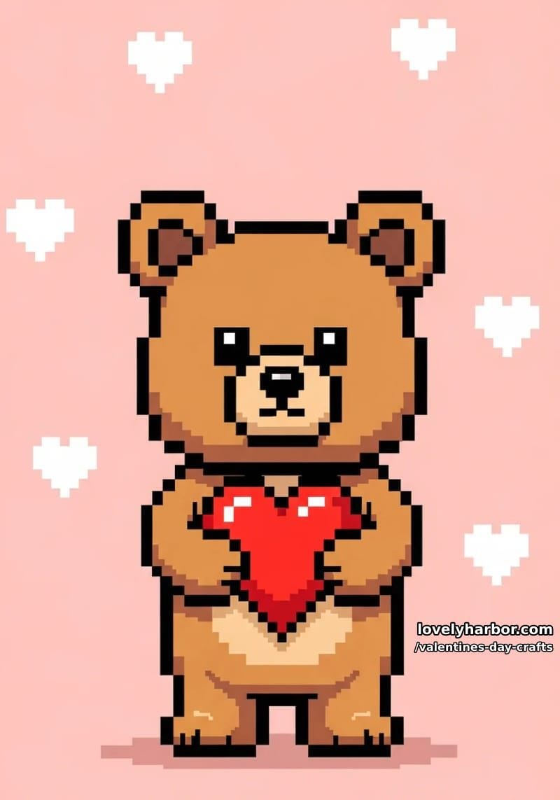 21 Unique Valentine’s Day Crafts to Warm Your Heart 20 pixel art bear holding a heart for a retro-inspired valentine’s decoration 1