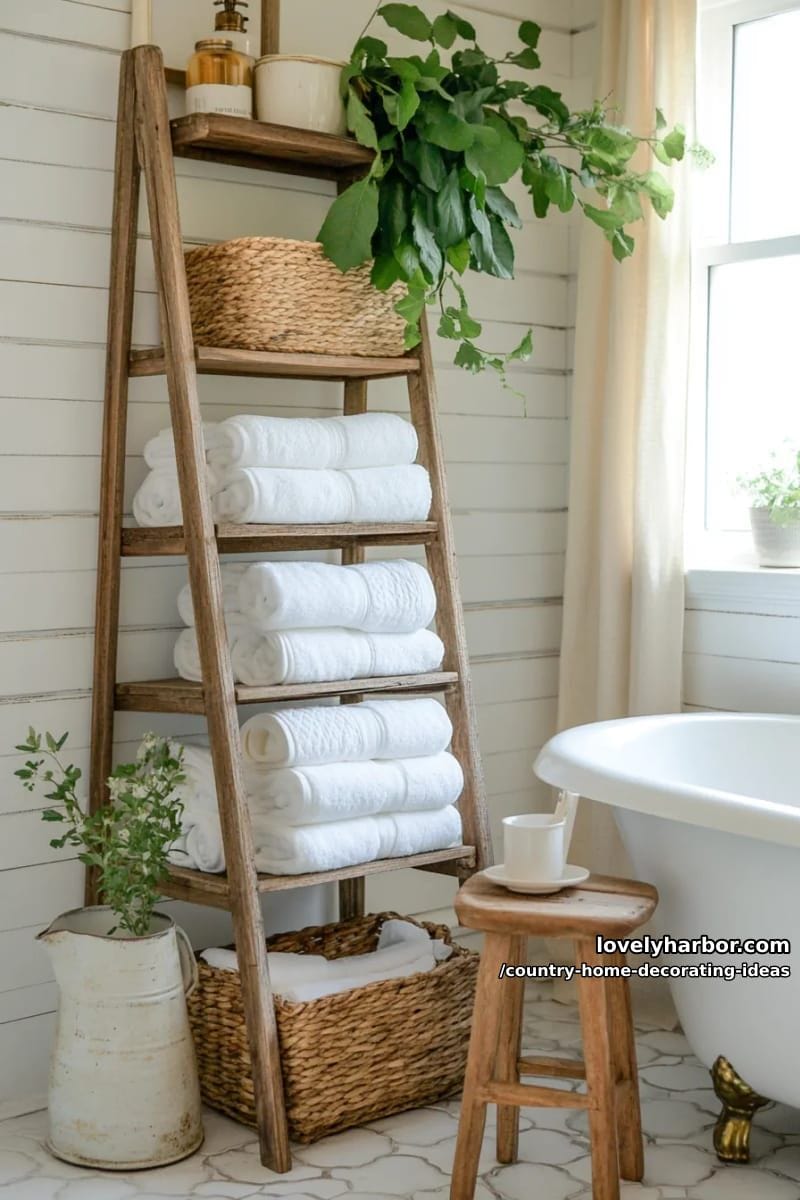 place a rustic ladder shelf in the bathroom for rolled towels and baskets. 1