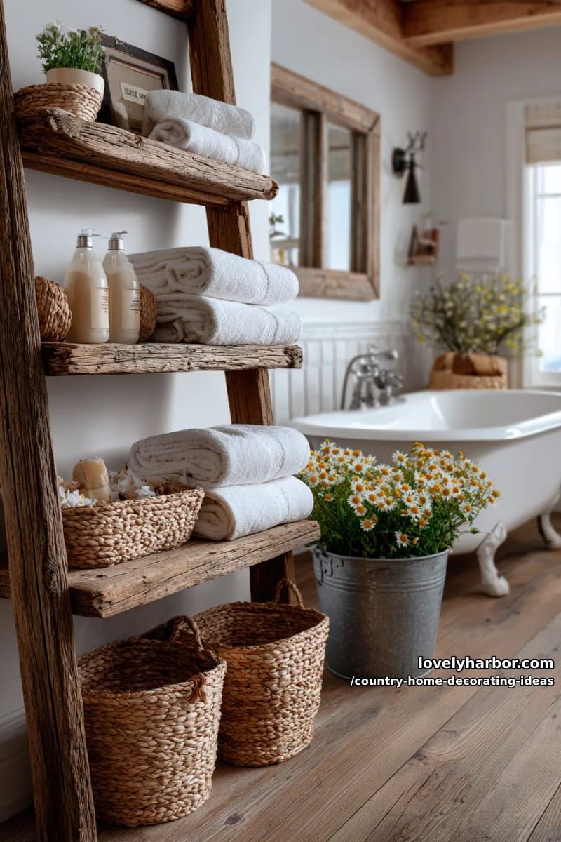 place a rustic ladder shelf in the bathroom for rolled towels and baskets. 1