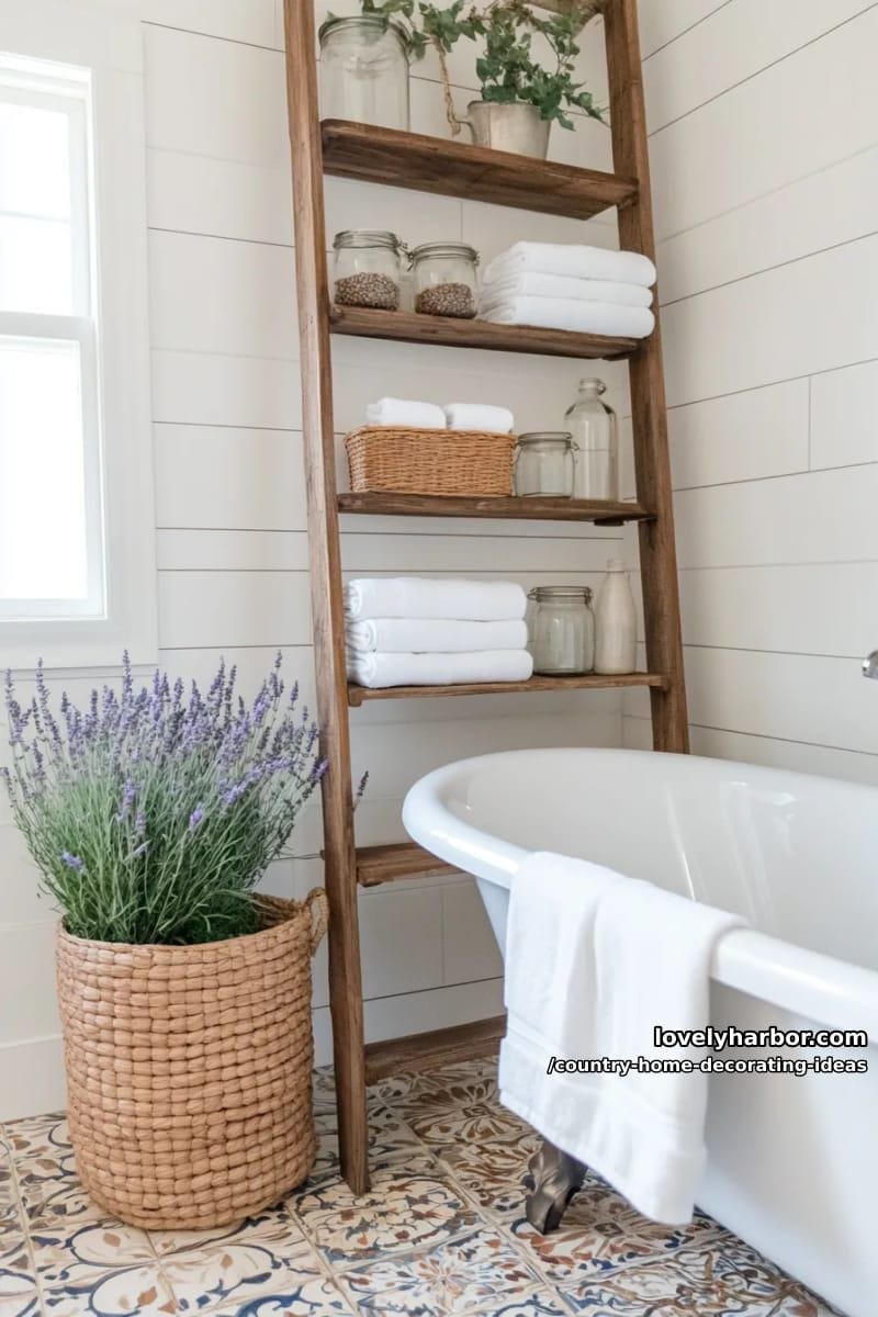 place a rustic ladder shelf in the bathroom for rolled towels and baskets. 1