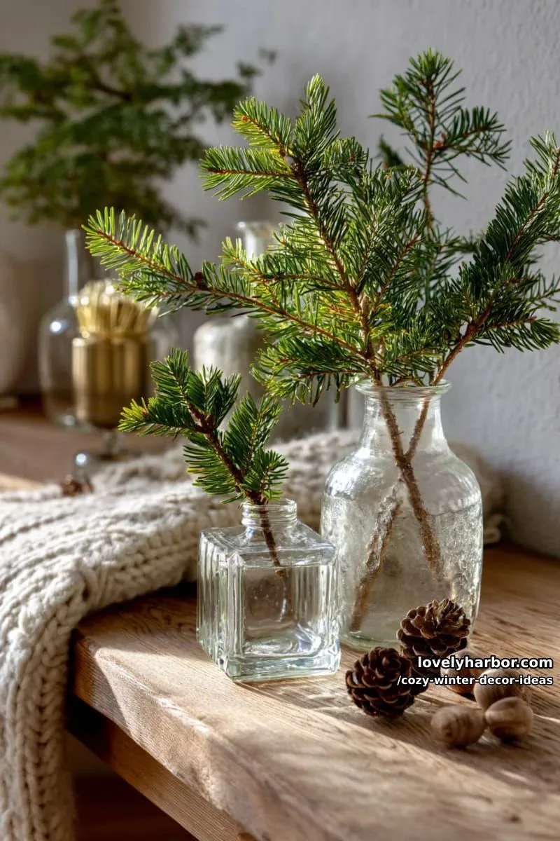 15 Winter Decor Ideas for a Cozy Home Retreat 22 place evergreen branches in vintage vases for a fresh, forest-inspired accent. 1