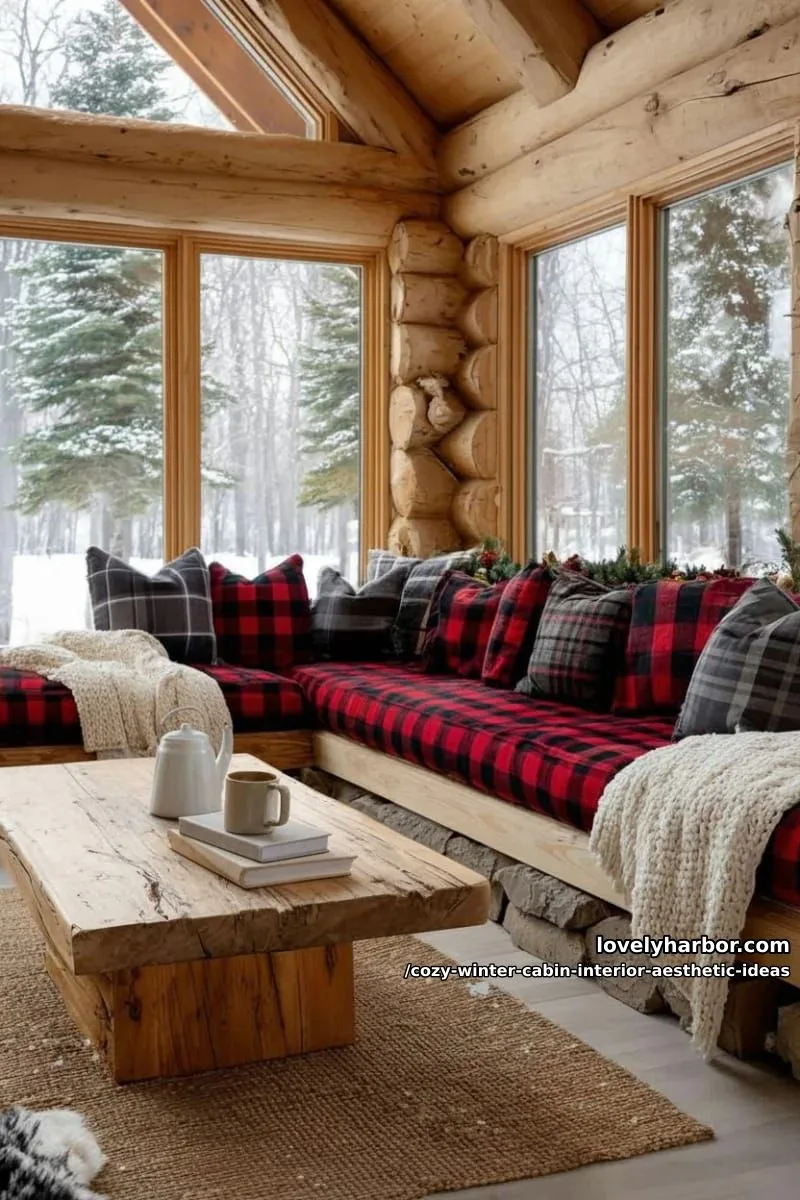 15 Cozy Winter Cabin Interior Ideas for an Aesthetic Retreat 13 place oversized plaid cushions by panoramic windows for perfect snow watching. 1