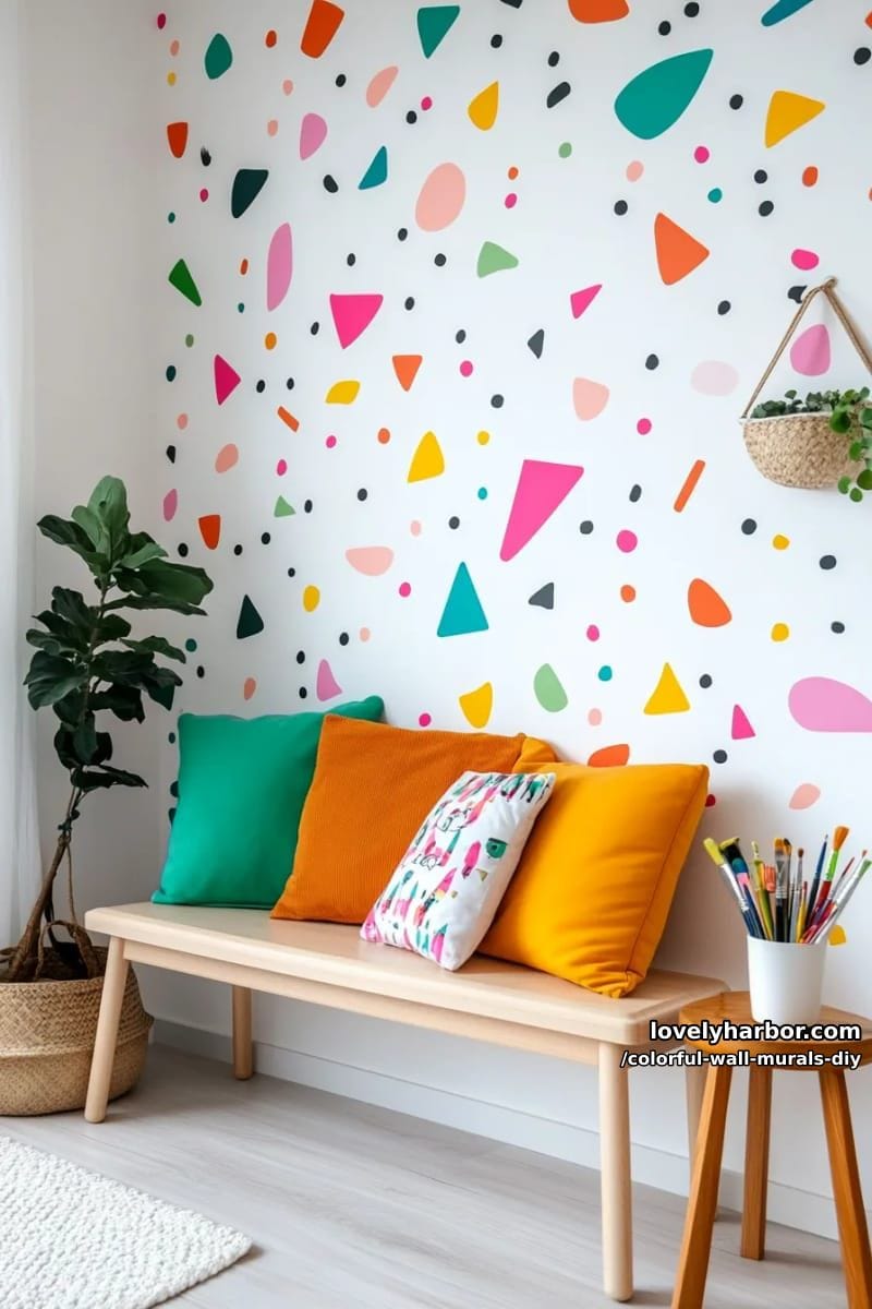 playful confetti mural with scattered shapes and tiny pops of neon 1