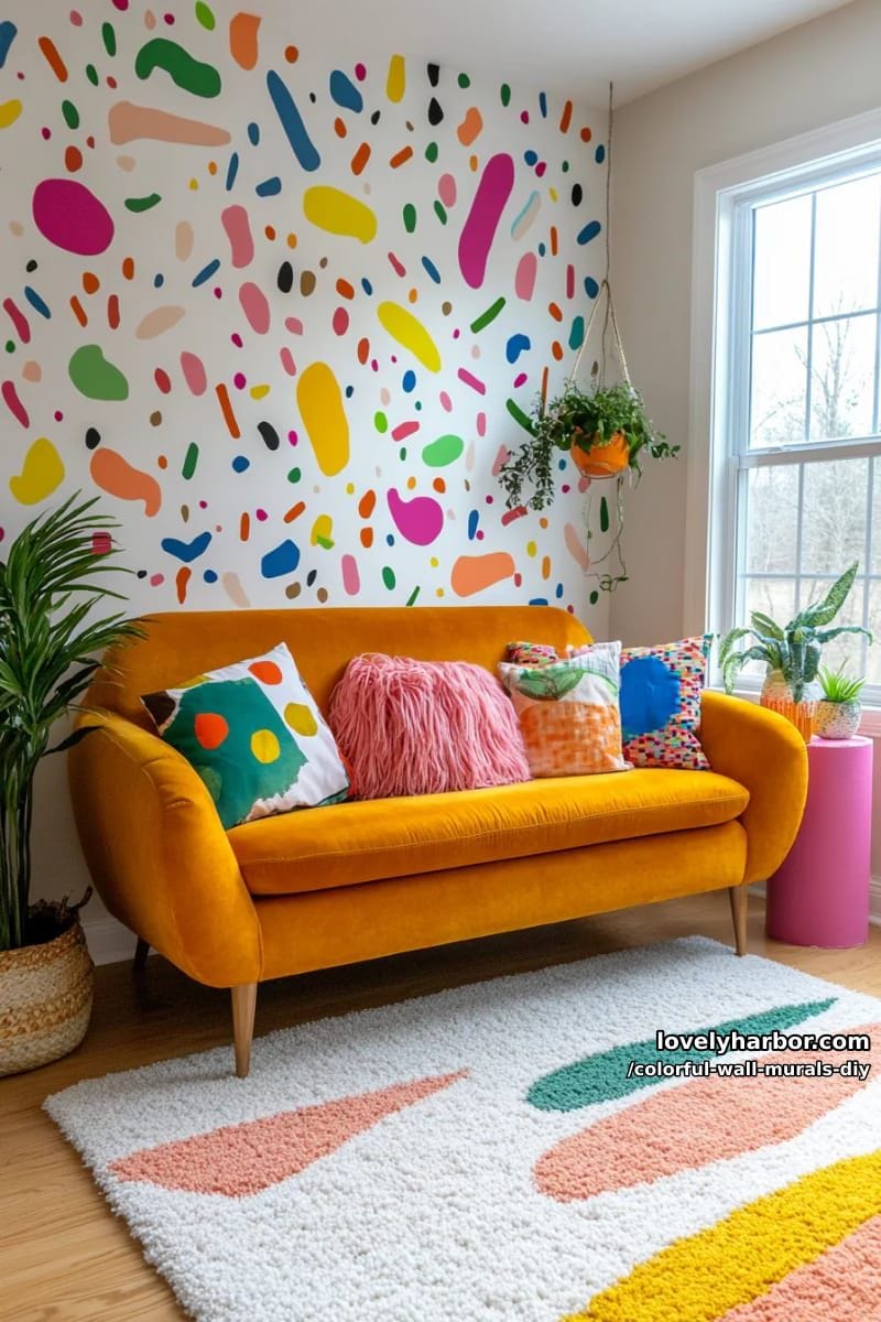 playful confetti mural with scattered shapes and tiny pops of neon 1