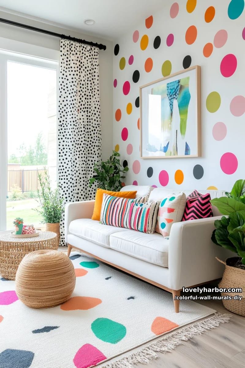 playful polka dot mural with irregular, hand-painted cheerful dots 1