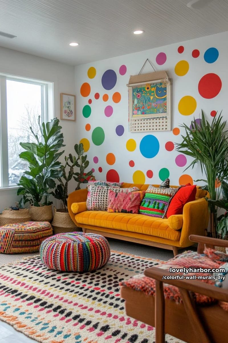 playful polka dot mural with irregular, hand-painted cheerful dots 1