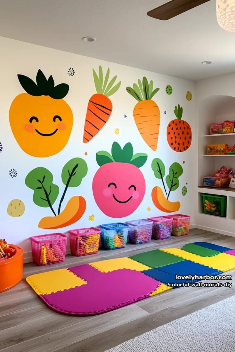 playroom wall with cartoonish fruits and veggies in vivid colors 1