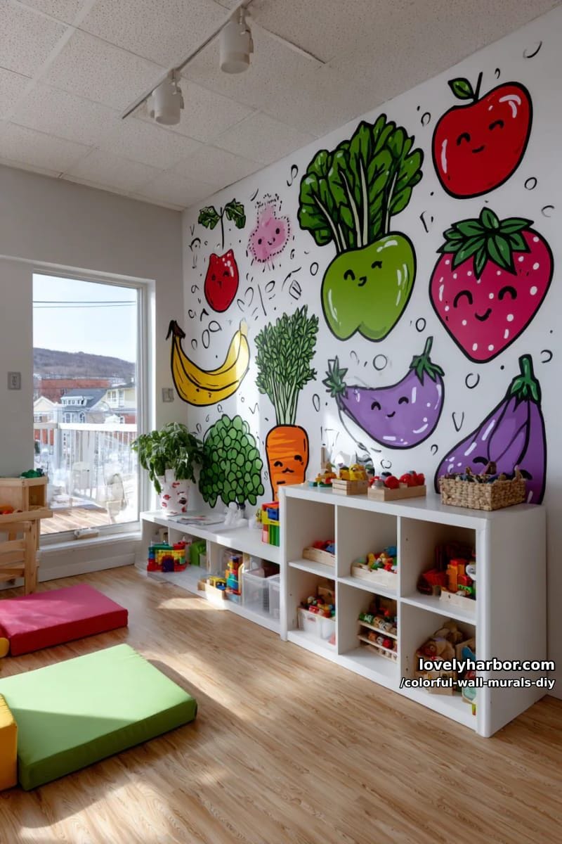 playroom wall with cartoonish fruits and veggies in vivid colors 1