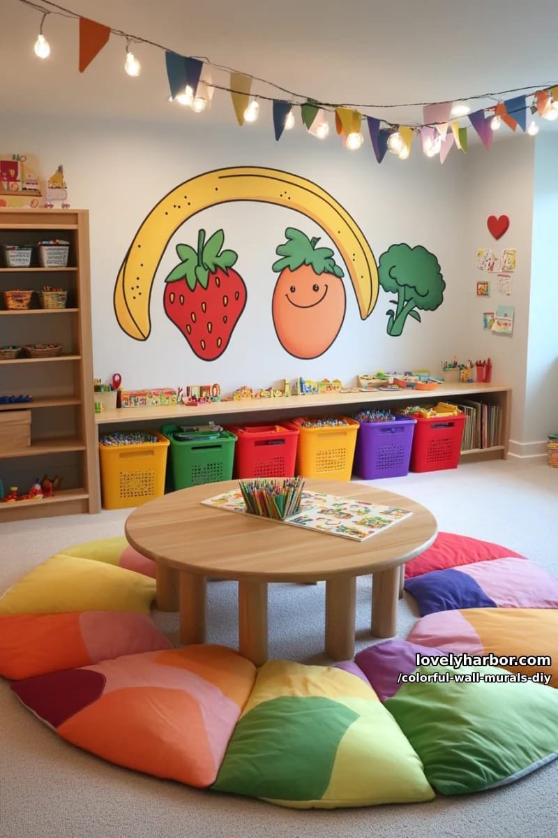 playroom wall with cartoonish fruits and veggies in vivid colors 1