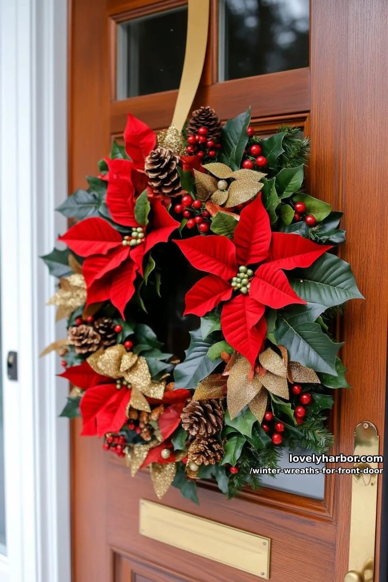 poinsettia and magnolia leaf wreath with gold glittery touches 1