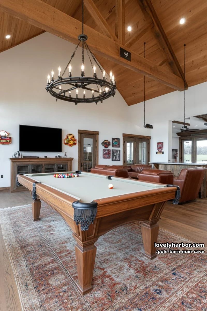 pool table zone under cathedral ceilings and wagon wheel lighting 1
