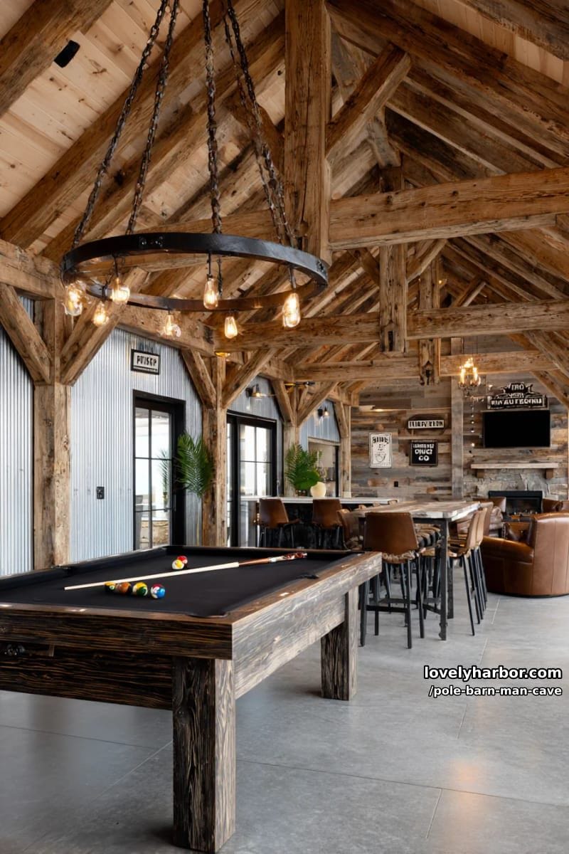 pool table zone under cathedral ceilings and wagon wheel lighting 1