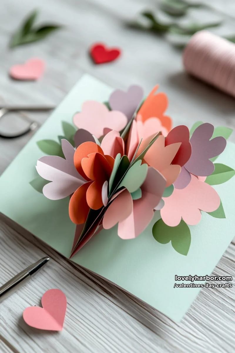 21 Unique Valentine’s Day Crafts to Warm Your Heart 3 pop-up heart bouquet card with layered pastel and red paper flowers 1