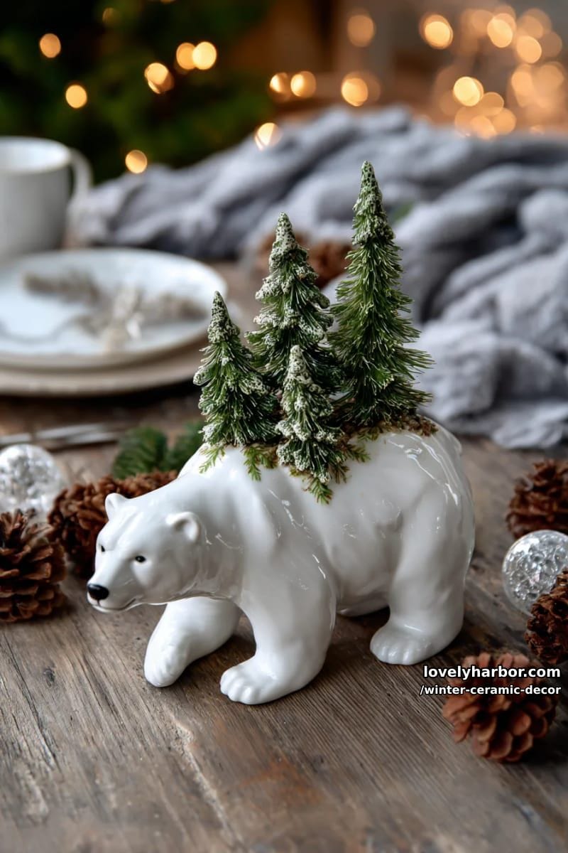 porcelain polar bear sculpture with miniature pine trees on its back 1