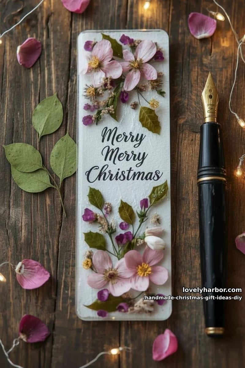 pressed flower bookmark with a handwritten christmas quote and gold thread 1