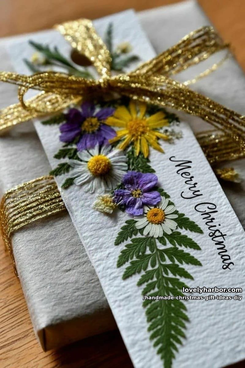 pressed flower bookmark with a handwritten christmas quote and gold thread 1