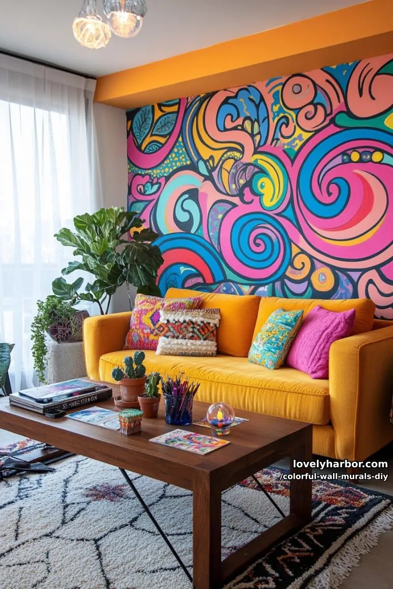31 Colorful DIY Wall Murals for a Vibrant Home Update 70 psychedelic swirl mural in trippy, high-contrast colors 1