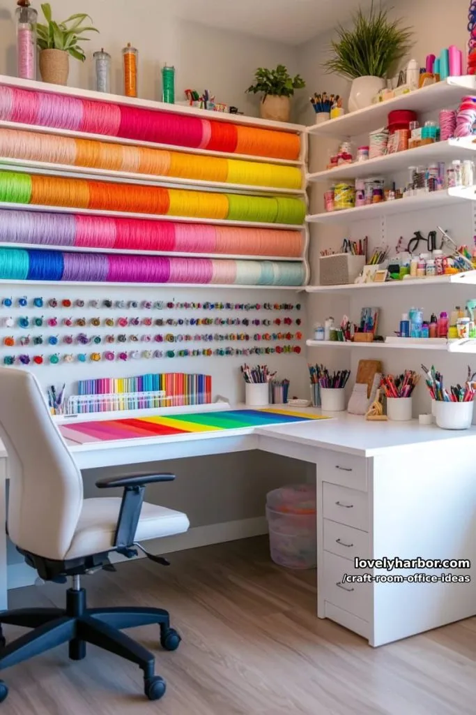 Home Office 11 rainbow color-coded craft supply wall for instant inspiration and cheerful vibes 4