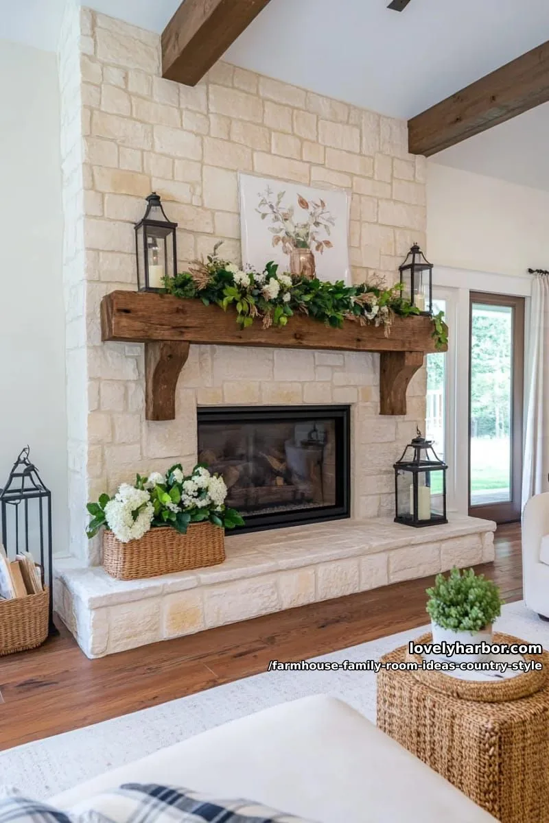 reclaimed barnwood mantel with iron lanterns and seasonal wildflower garland 1