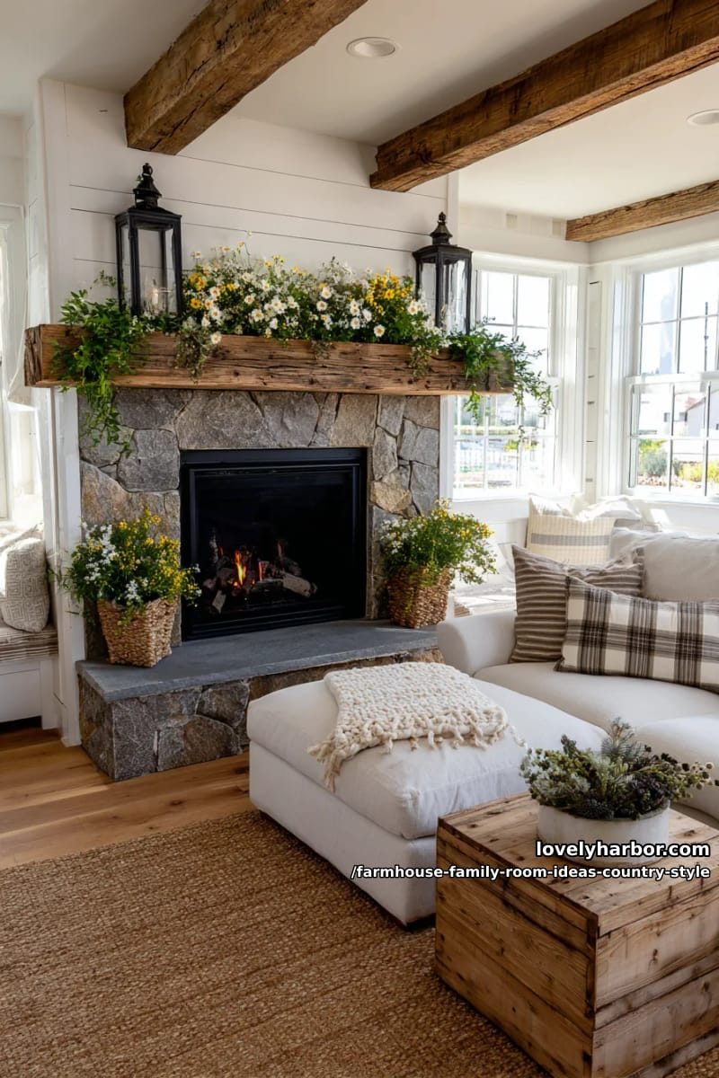reclaimed barnwood mantel with iron lanterns and seasonal wildflower garland 1