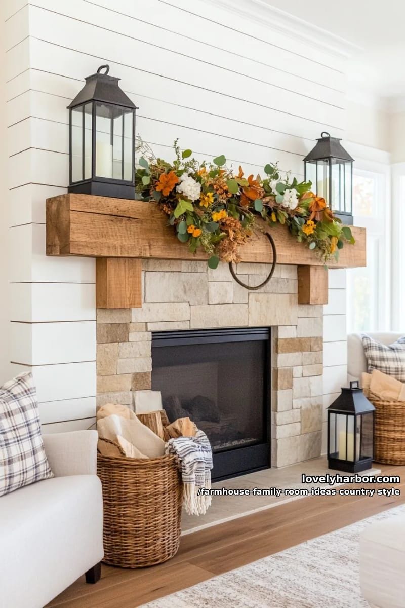 reclaimed barnwood mantel with iron lanterns and seasonal wildflower garland 1