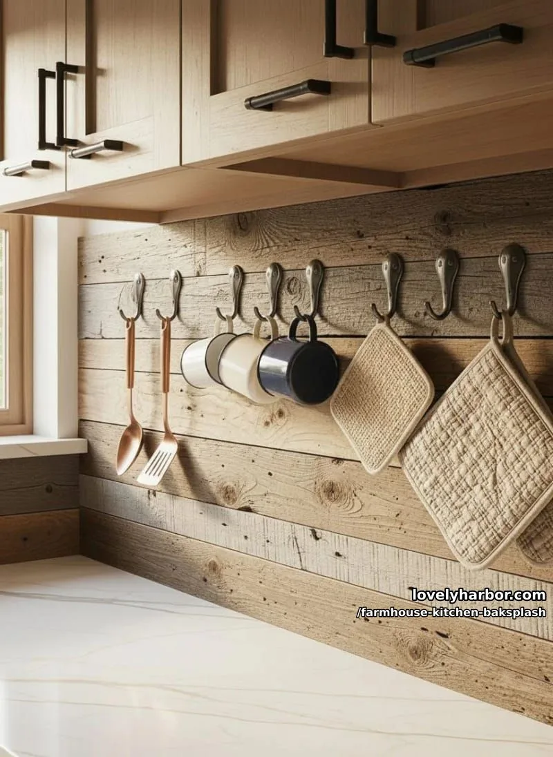 reclaimed wood plank backsplash with vintage hooks for hanging kitchen essentials 1