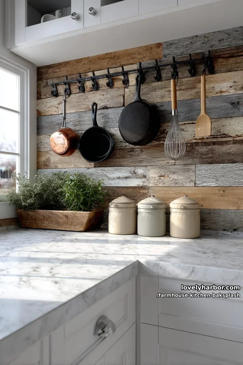 reclaimed wood plank backsplash with vintage hooks for hanging kitchen essentials 1
