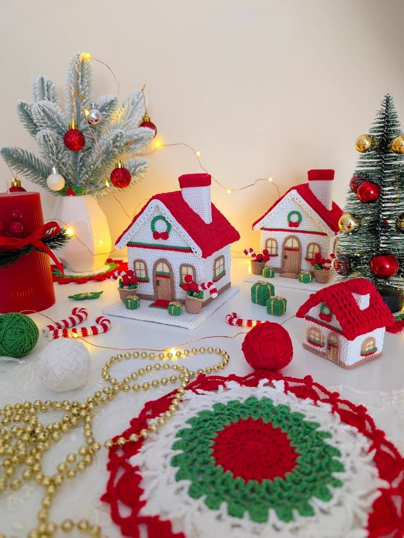 red and white crochet christmas village 1