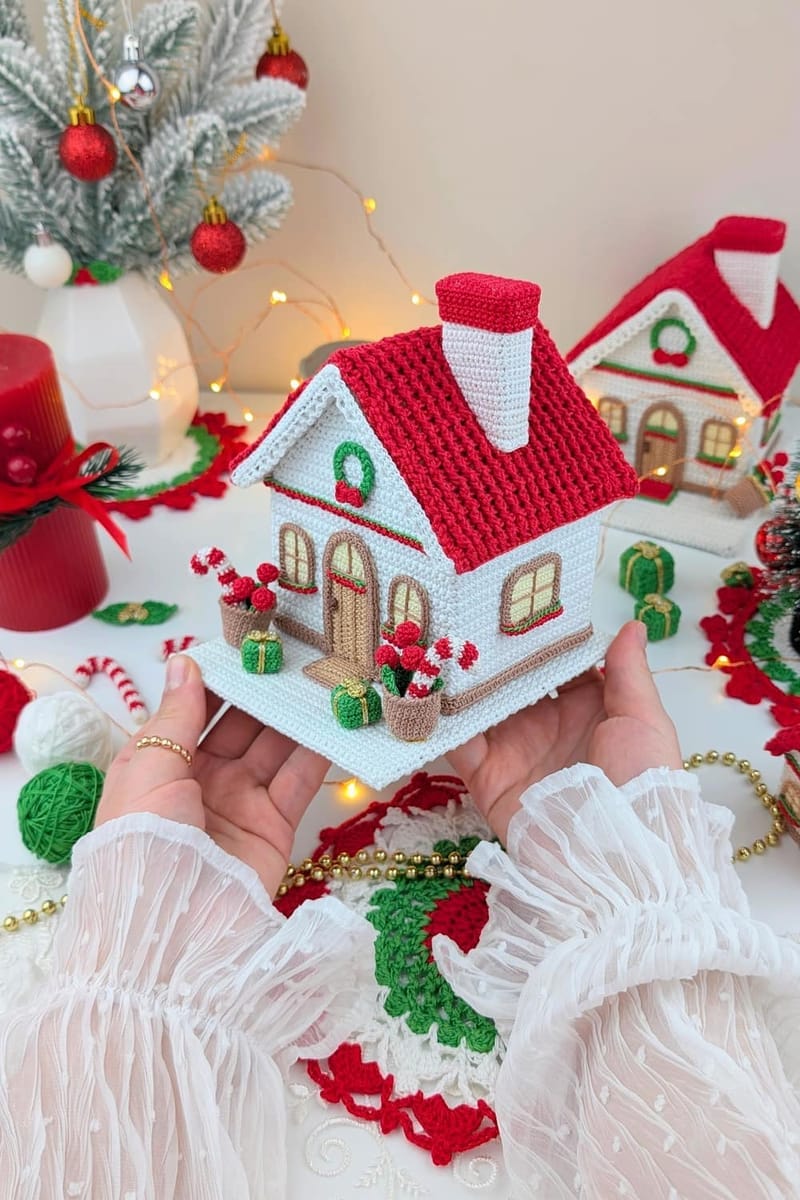 red and white crochet christmas village 1