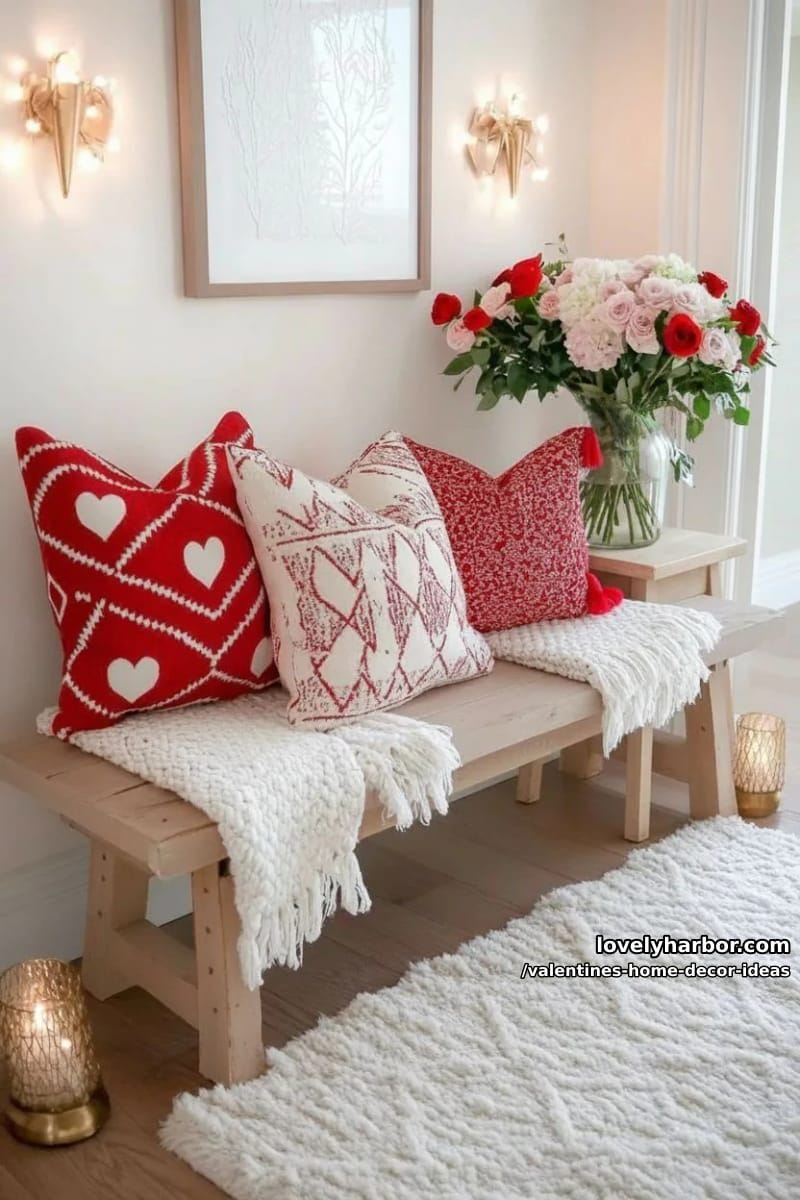 red and white throw pillows stacked on a bench with a floral centerpiece 1