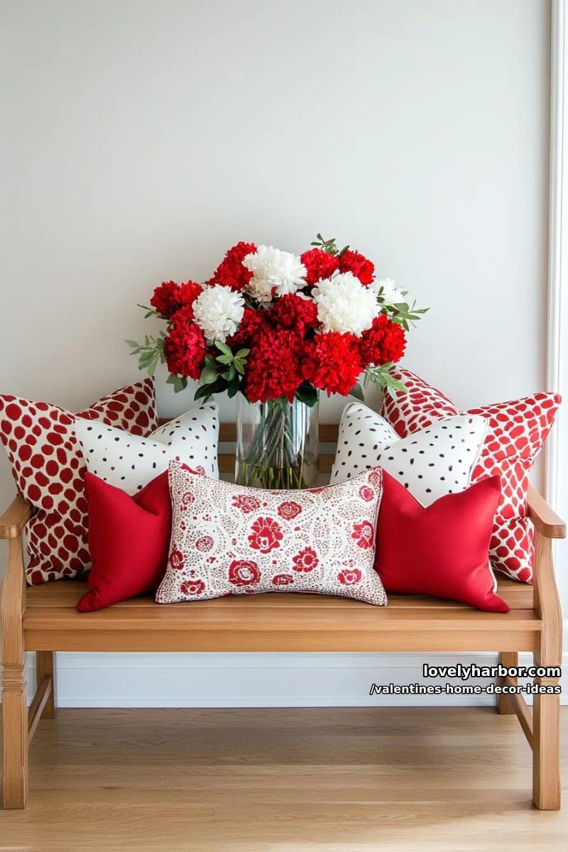 red and white throw pillows stacked on a bench with a floral centerpiece 1