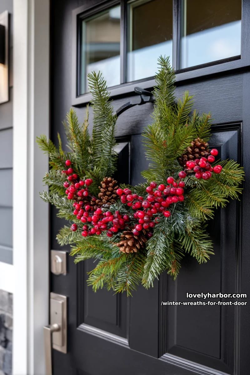 red berry and evergreen half-moon wreath on modern black front door 1