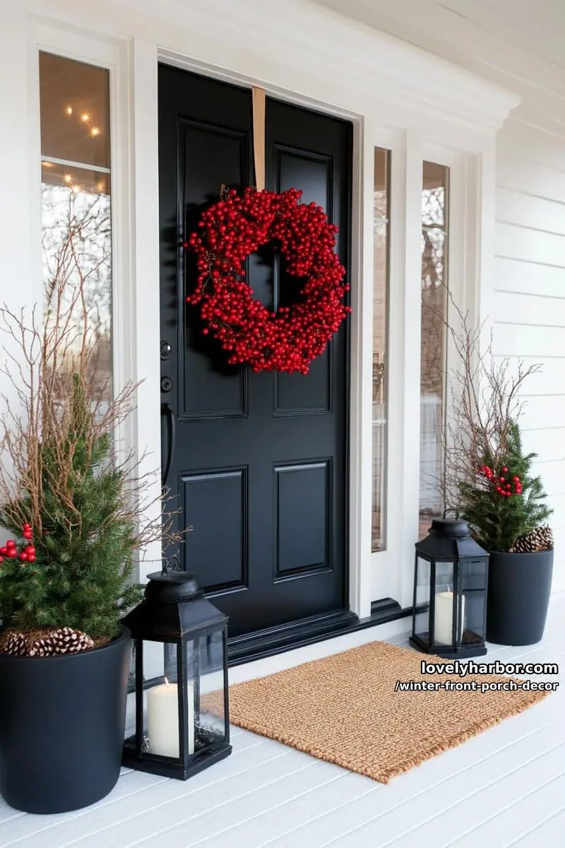 red berry wreath on a navy door with matching potted mini evergreens 1